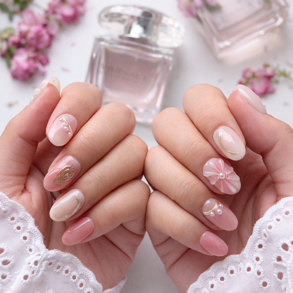 Sakura Mist Gold Handmade Press-On Nails | VerNailiqueA – Vernailiquea