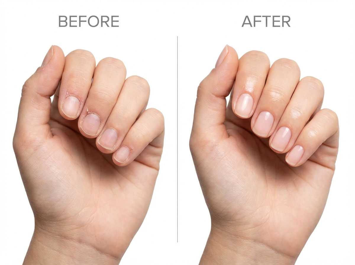 Before and after cuticle care showing smoother, neater nails