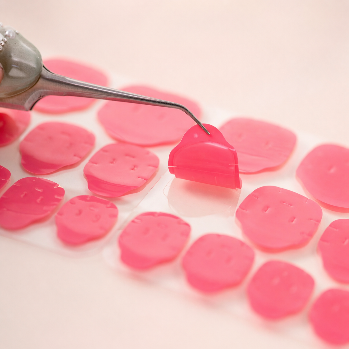 Close-up of tweezers peeling a pink adhesive gel tab from the sheet