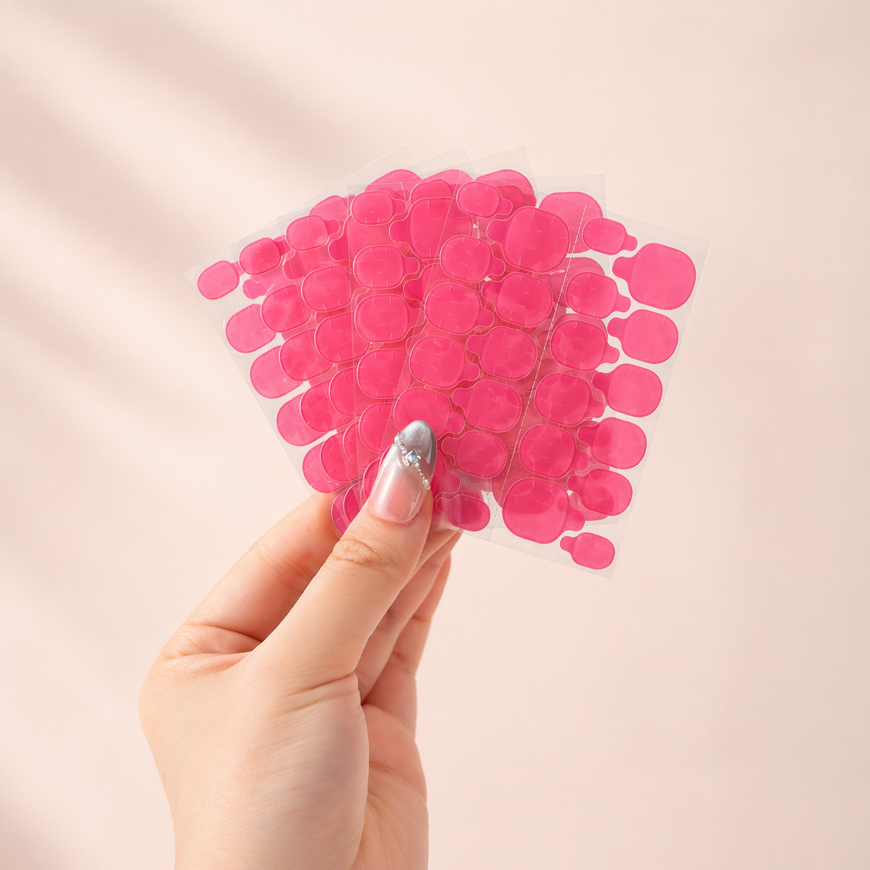 Multiple sheets of pink adhesive gel tabs held in hand